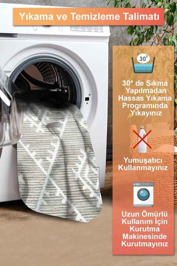 Abre İskandinav Desenli Şönil Pamuk Tabanlı Yıkanabilen Kaydırmaz Antibakteriyel Salon Halısı