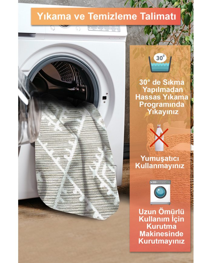 Abre İskandinav Desenli Şönil Pamuk Tabanlı Yıkanabilen Kaydırmaz Antibakteriyel Salon Halısı
