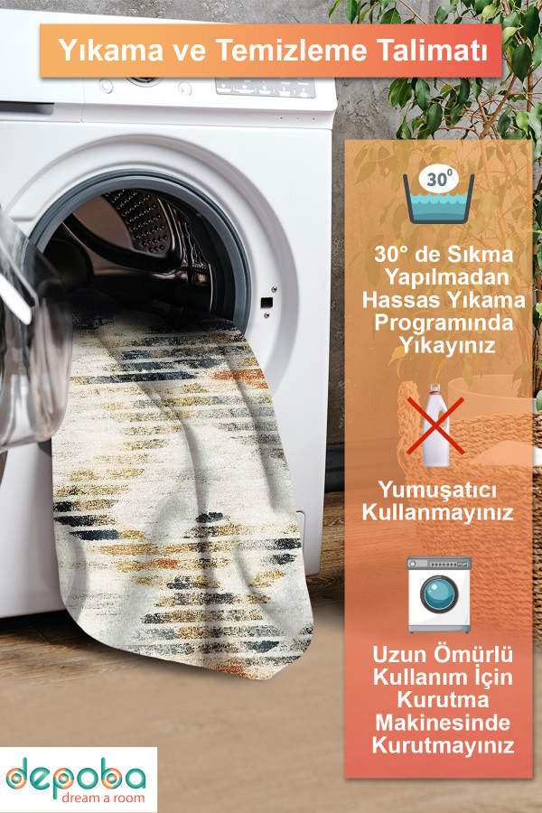 Adelte Modern Şönil Desenli Pamuk Tabanlı Yıkanabilen Kaymaz Antibakteriyel  Salon Halısı