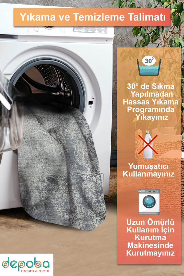 Adnel Desenli Pamuk Tabanlı Yıkanabilen Kaymaz Antibakteriyel Şönil Salon Halısı