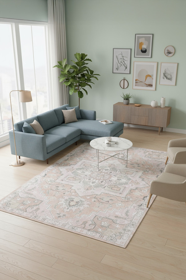 Aline Desenli Pamuk Tabanlı Yıkanabilen Kaymaz Antibakteriyel Şönil Salon Halısı