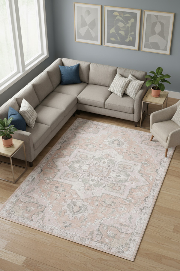 Aline Desenli Pamuk Tabanlı Yıkanabilen Kaymaz Antibakteriyel Şönil Salon Halısı