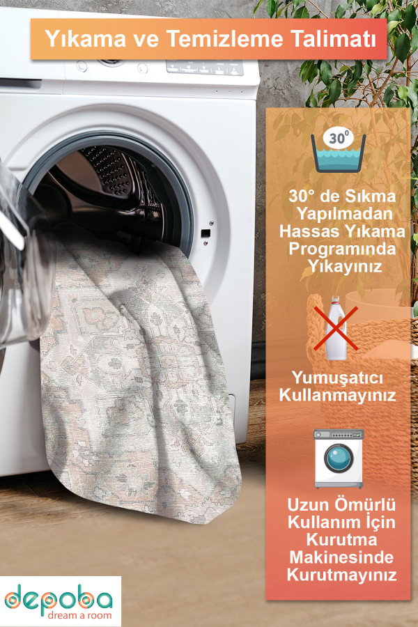 Aline Desenli Pamuk Tabanlı Yıkanabilen Kaymaz Antibakteriyel Şönil Salon Halısı