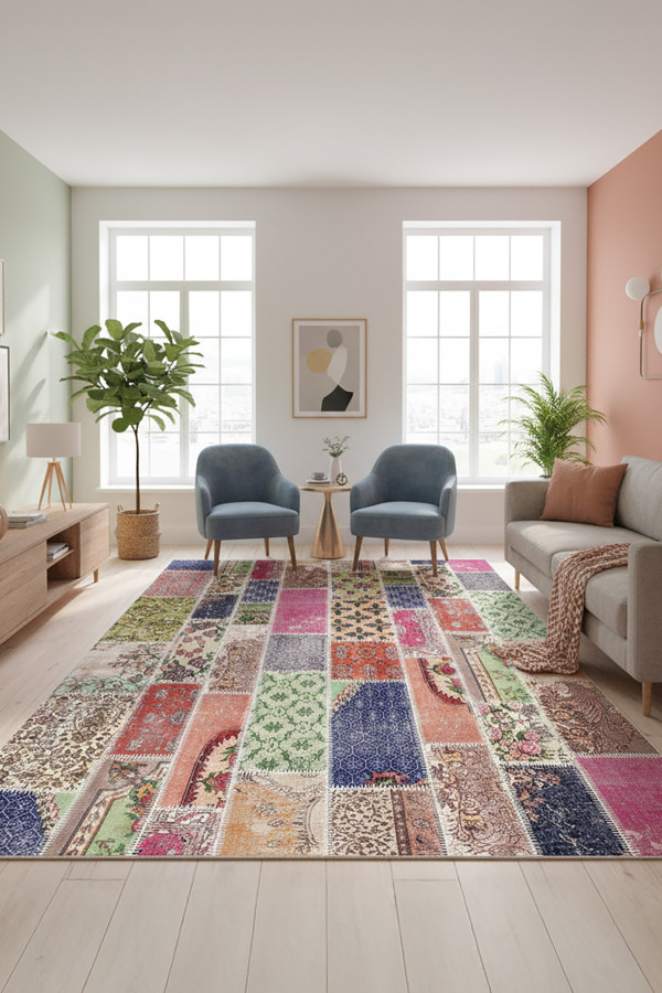Angela Patchwork Desenli Şönil Pamuk Tabanlı Yıkanabilen Kaydırmaz Antibakteriyel Salon Halısı