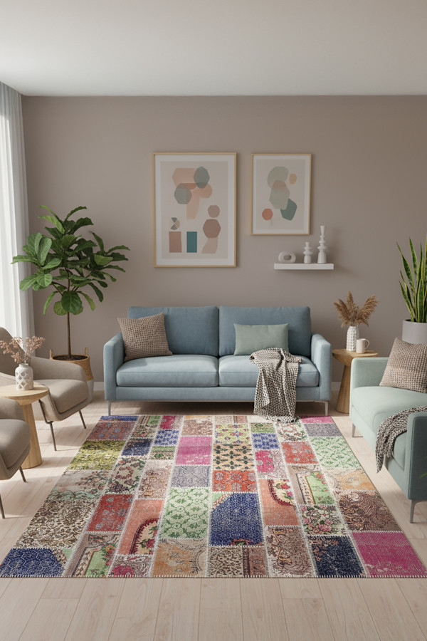 Angela Patchwork Desenli Şönil Pamuk Tabanlı Yıkanabilen Kaydırmaz Antibakteriyel Salon Halısı