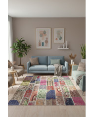 Angela Patchwork Desenli Şönil Pamuk Tabanlı Yıkanabilen Kaydırmaz Antibakteriyel Salon Halısı