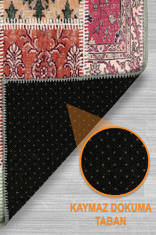 Angela Patchwork Desenli Şönil Pamuk Tabanlı Yıkanabilen Kaydırmaz Antibakteriyel Salon Halısı