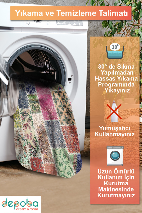 Angela Patchwork Desenli Şönil Pamuk Tabanlı Yıkanabilen Kaydırmaz Antibakteriyel Salon Halısı