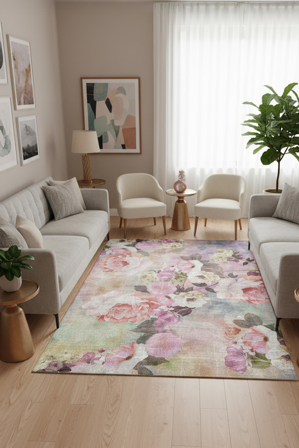 Amoria Pamuk Tabanlı Yıkanabilen Kaydırmaz Antibakteriyel Şönil Salon Halısı