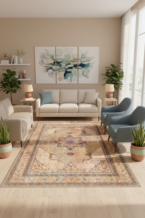 Arthien Pamuk Tabanlı Yıkanabilen Kaydırmaz Antibakteriyel Şönil Salon Halısı