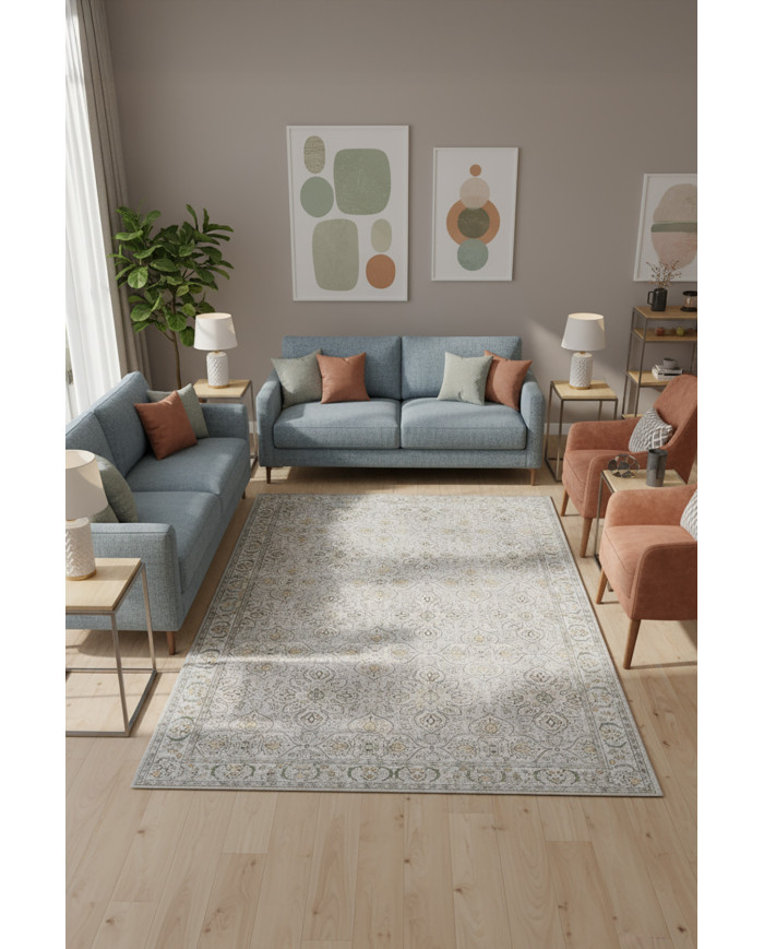 Atelya Modern Desenli Pamuk Tabanlı Yıkanabilen Kaydırmaz Antibakteriyel Şönil Salon Halısı