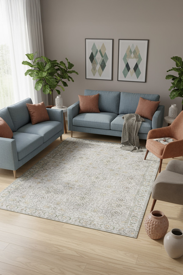 Atelya Modern Desenli Pamuk Tabanlı Yıkanabilen Kaydırmaz Antibakteriyel Şönil Salon Halısı