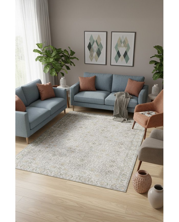 Atelya Modern Desenli Pamuk Tabanlı Yıkanabilen Kaydırmaz Antibakteriyel Şönil Salon Halısı