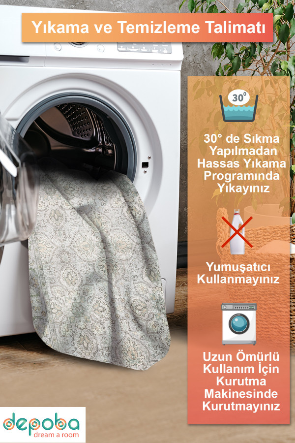 Atelya Modern Desenli Pamuk Tabanlı Yıkanabilen Kaydırmaz Antibakteriyel Şönil Salon Halısı