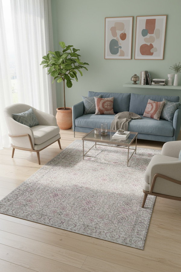 Atelya Pink Pamuk Tabanlı Yıkanabilen Kaydırmaz Antibakteriyel Şönil Salon Halısı