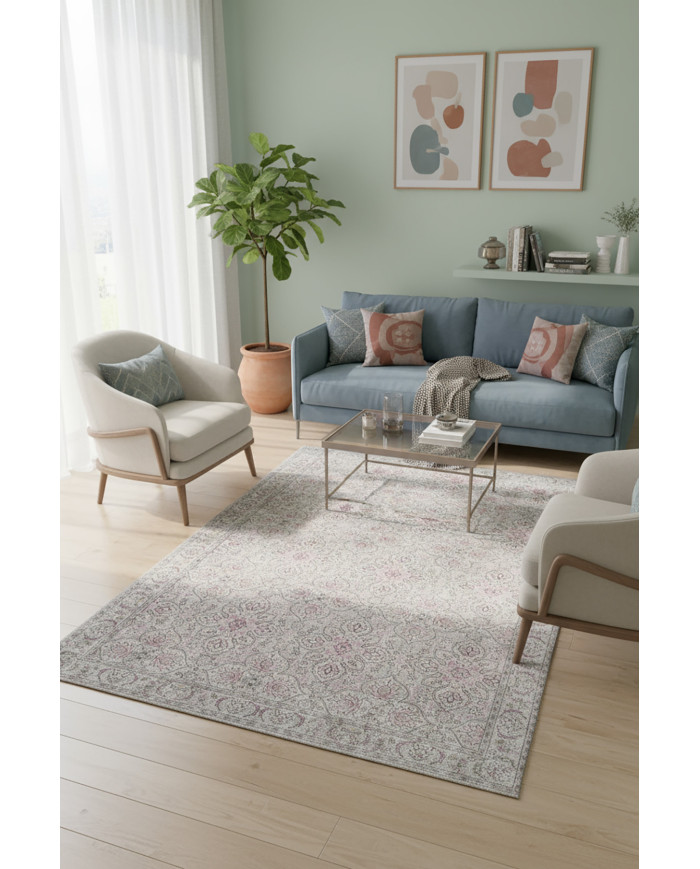 Atelya Pink Pamuk Tabanlı Yıkanabilen Kaydırmaz Antibakteriyel Şönil Salon Halısı