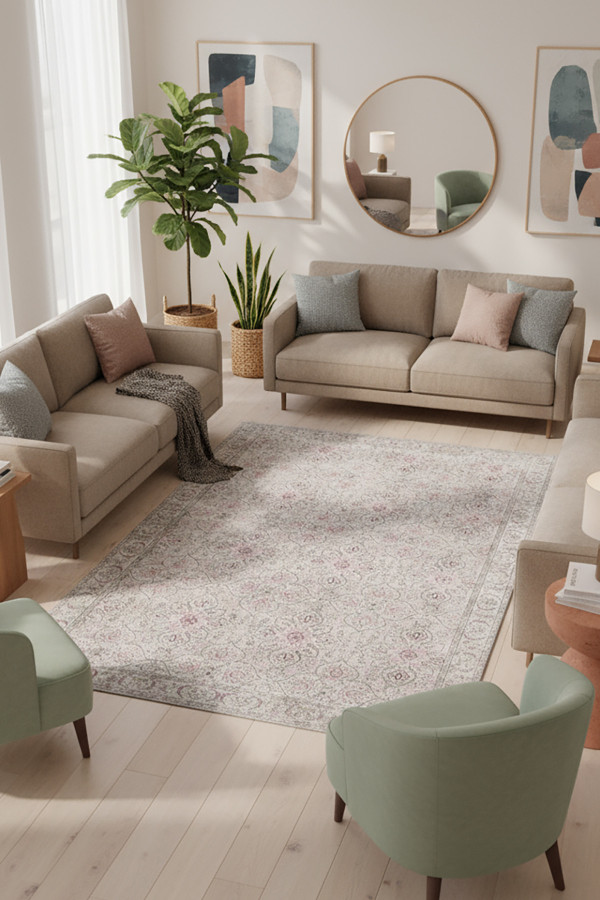 Atelya Pink Pamuk Tabanlı Yıkanabilen Kaydırmaz Antibakteriyel Şönil Salon Halısı