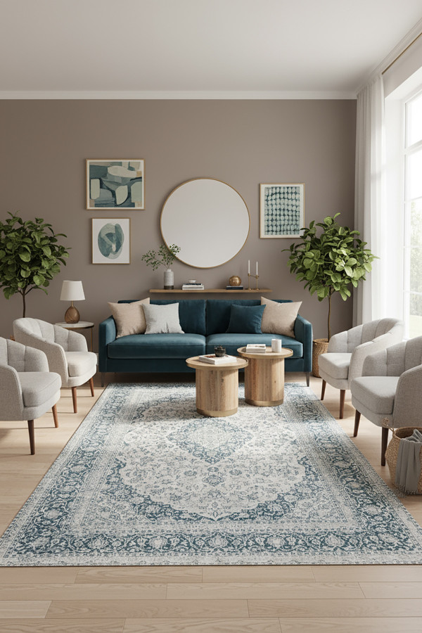 Elyora Vintage Desenli Pamuk Tabanlı Yıkanabilen Kaydırmaz Antibakteriyel Şönil Salon Halısı