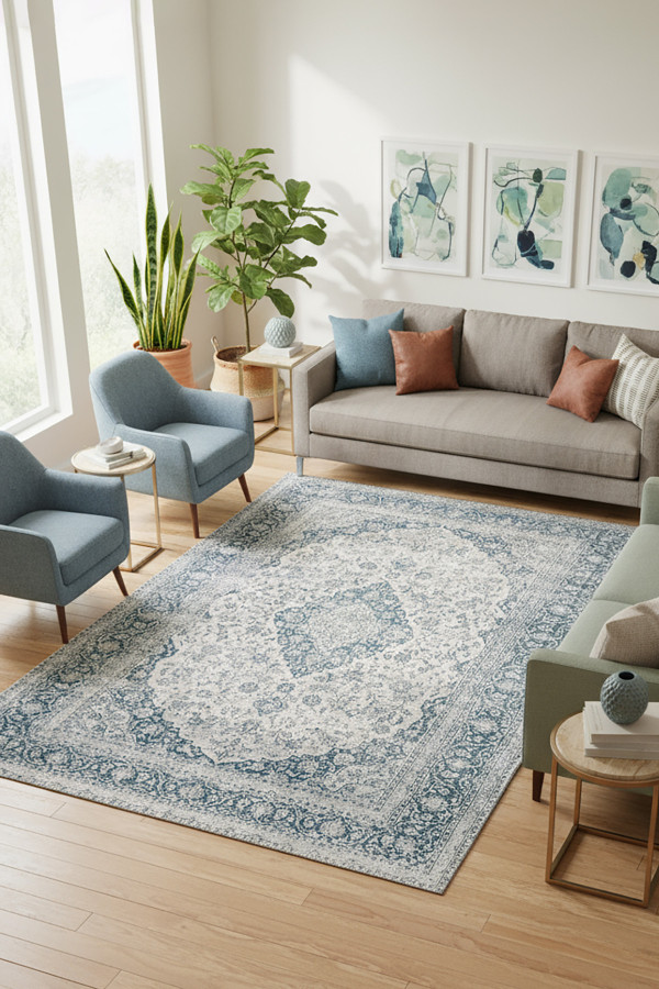 Elyora Vintage Desenli Pamuk Tabanlı Yıkanabilen Kaydırmaz Antibakteriyel Şönil Salon Halısı