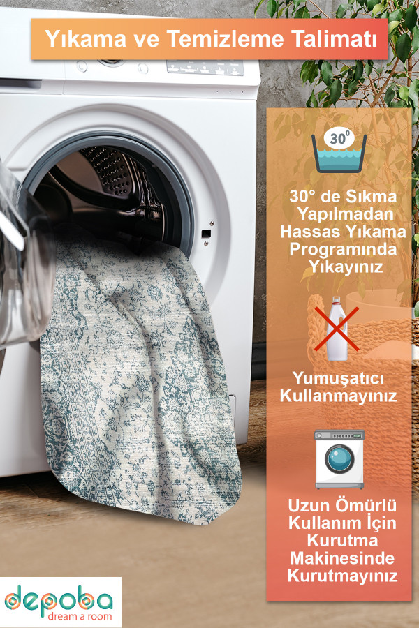 Elyora Vintage Desenli Pamuk Tabanlı Yıkanabilen Kaydırmaz Antibakteriyel Şönil Salon Halısı