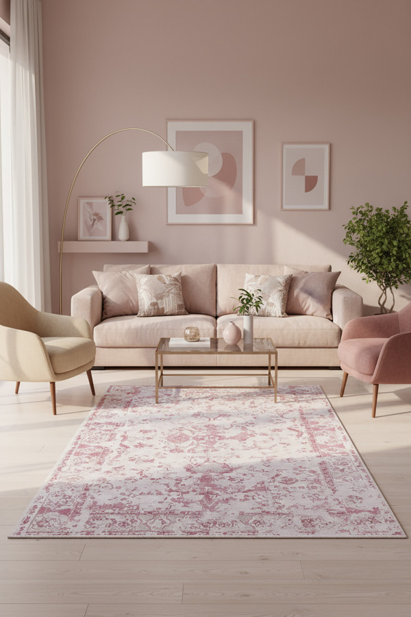 Luna Pink Pamuk Tabanlı Yıkanabilen Kaydırmaz Antibakteriyel Şönil Salon Halısı