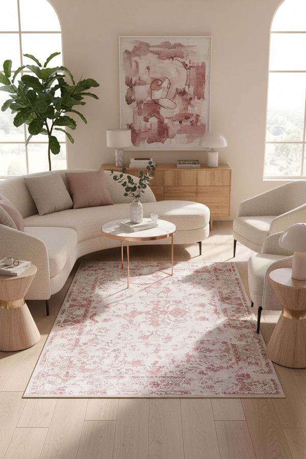 Luna Pink Pamuk Tabanlı Yıkanabilen Kaydırmaz Antibakteriyel Şönil Salon Halısı