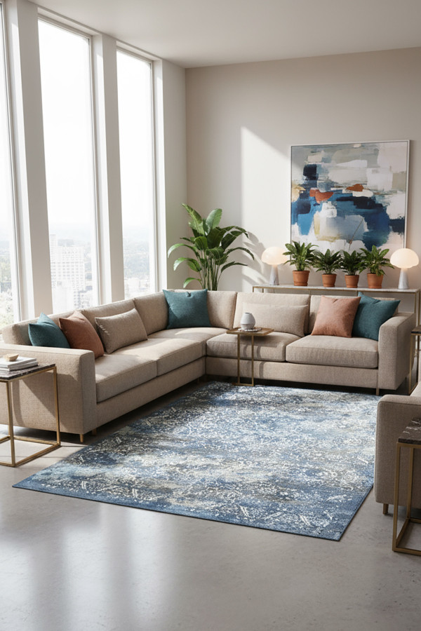 Mirelda Blue Vintage Desenli Pamuk Tabanlı Yıkanabilen Kaydırmaz Antibakteriyel Şönil Salon Halısı