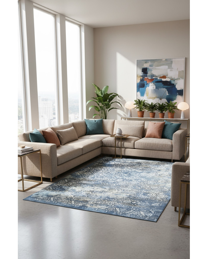 Mirelda Blue Vintage Desenli Pamuk Tabanlı Yıkanabilen Kaydırmaz Antibakteriyel Şönil Salon Halısı