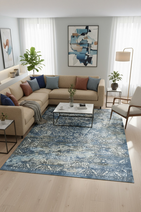 Mirelda Blue Vintage Desenli Pamuk Tabanlı Yıkanabilen Kaydırmaz Antibakteriyel Şönil Salon Halısı