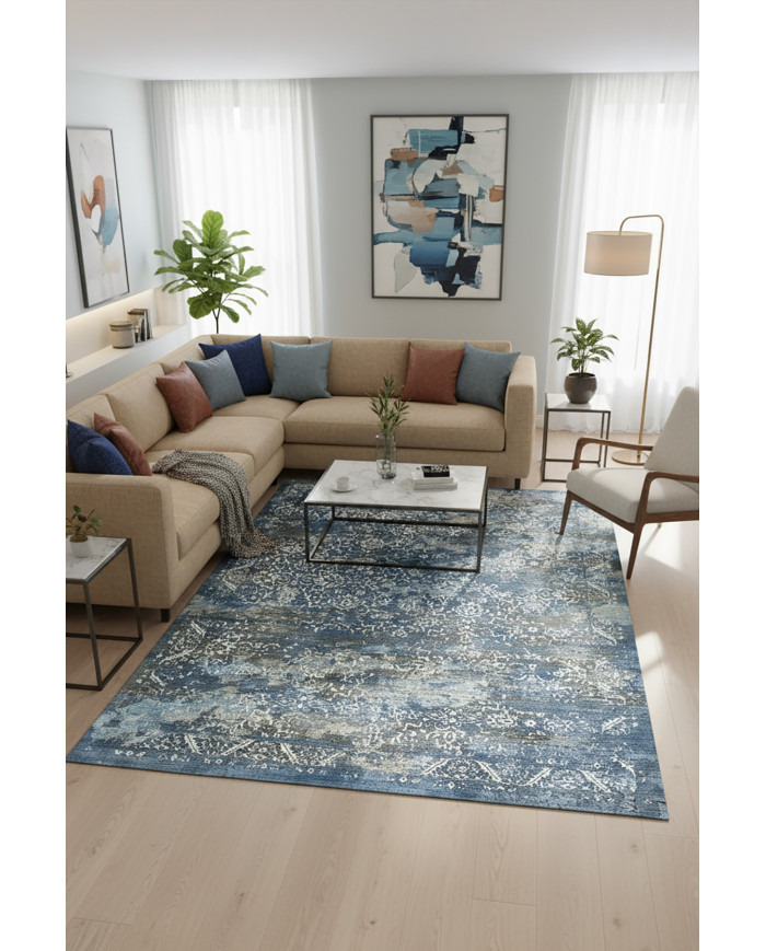Mirelda Blue Vintage Desenli Pamuk Tabanlı Yıkanabilen Kaydırmaz Antibakteriyel Şönil Salon Halısı