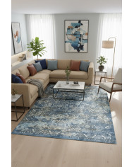 Mirelda Blue Vintage Desenli Pamuk Tabanlı Yıkanabilen Kaydırmaz Antibakteriyel Şönil Salon Halısı
