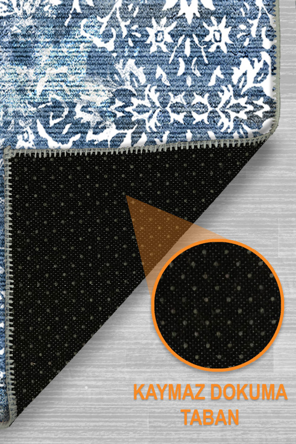 Mirelda Blue Vintage Desenli Pamuk Tabanlı Yıkanabilen Kaydırmaz Antibakteriyel Şönil Salon Halısı