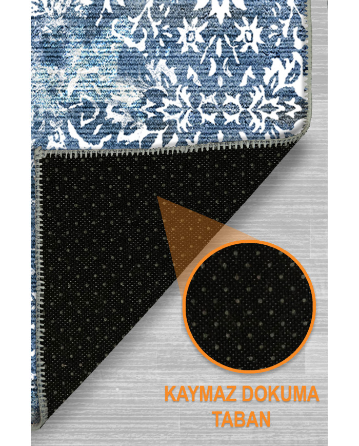 Mirelda Blue Vintage Desenli Pamuk Tabanlı Yıkanabilen Kaydırmaz Antibakteriyel Şönil Salon Halısı