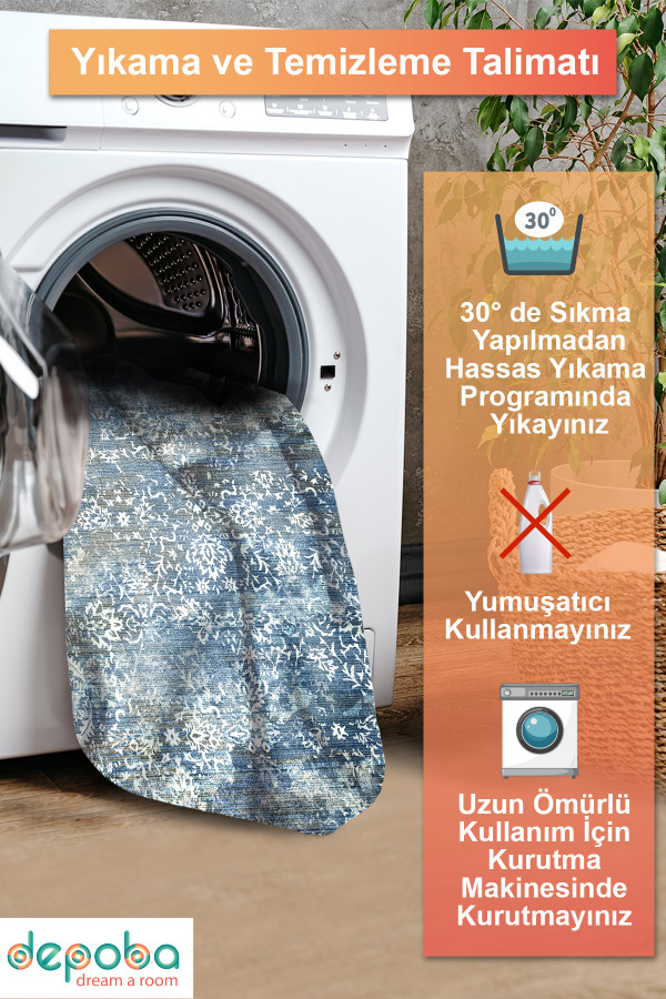 Mirelda Blue Vintage Desenli Pamuk Tabanlı Yıkanabilen Kaydırmaz Antibakteriyel Şönil Salon Halısı