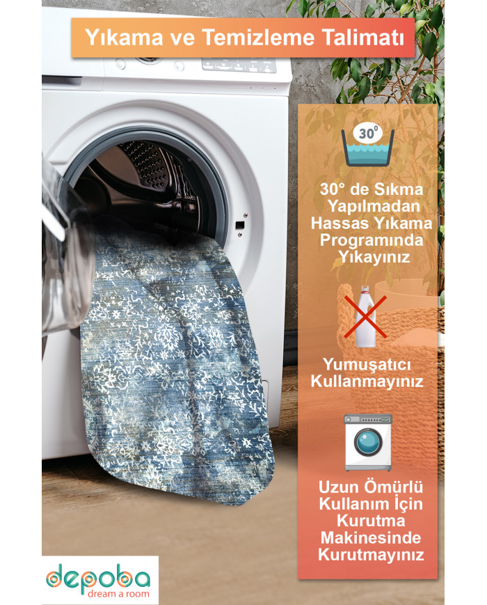 Mirelda Blue Vintage Desenli Pamuk Tabanlı Yıkanabilen Kaydırmaz Antibakteriyel Şönil Salon Halısı