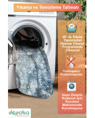 Mirelda Blue Vintage Desenli Pamuk Tabanlı Yıkanabilen Kaydırmaz Antibakteriyel Şönil Salon Halısı