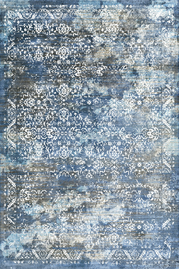 Mirelda Blue Vintage Desenli Pamuk Tabanlı Yıkanabilen Kaydırmaz Antibakteriyel Şönil Salon Halısı