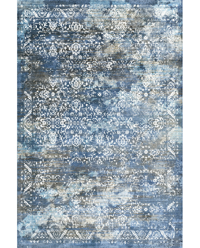 Mirelda Blue Vintage Desenli Pamuk Tabanlı Yıkanabilen Kaydırmaz Antibakteriyel Şönil Salon Halısı