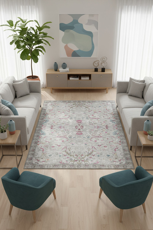 Müvera Vintage Desenli Pamuk Tabanlı Yıkanabilen Kaydırmaz Antibakteriyel Şönil Salon Halısı