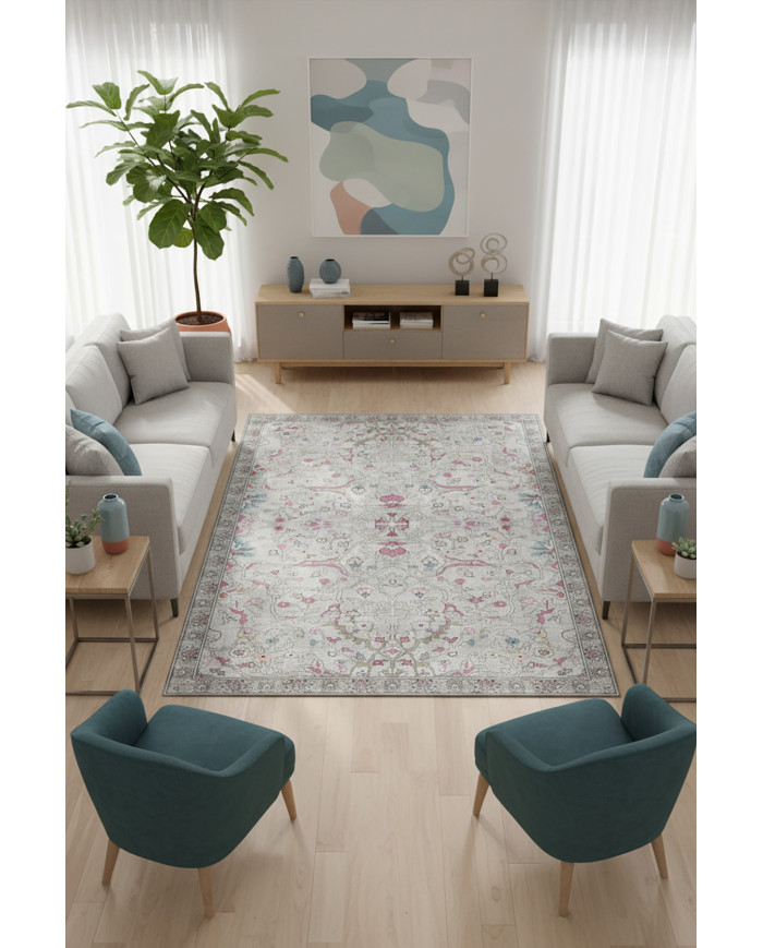 Müvera Vintage Desenli Pamuk Tabanlı Yıkanabilen Kaydırmaz Antibakteriyel Şönil Salon Halısı
