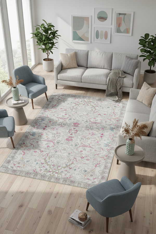 Müvera Vintage Desenli Pamuk Tabanlı Yıkanabilen Kaydırmaz Antibakteriyel Şönil Salon Halısı