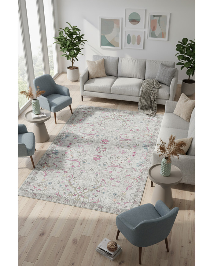 Müvera Vintage Desenli Pamuk Tabanlı Yıkanabilen Kaydırmaz Antibakteriyel Şönil Salon Halısı