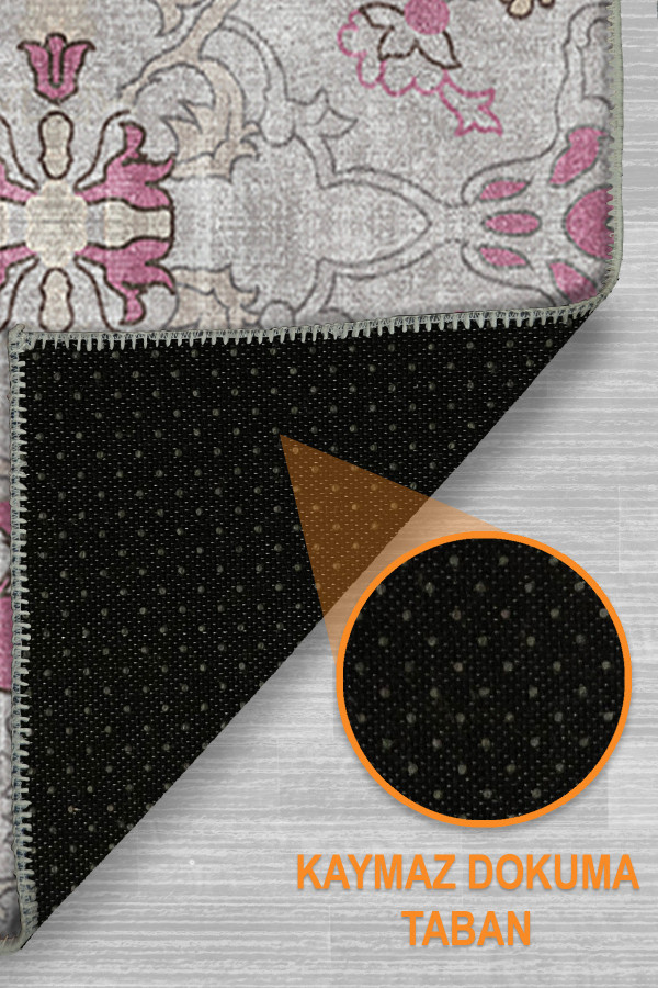 Müvera Vintage Desenli Pamuk Tabanlı Yıkanabilen Kaydırmaz Antibakteriyel Şönil Salon Halısı