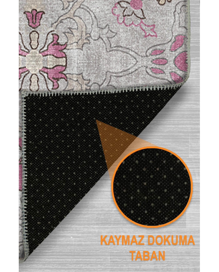 Müvera Vintage Desenli Pamuk Tabanlı Yıkanabilen Kaydırmaz Antibakteriyel Şönil Salon Halısı