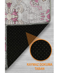 Müvera Vintage Desenli Pamuk Tabanlı Yıkanabilen Kaydırmaz Antibakteriyel Şönil Salon Halısı