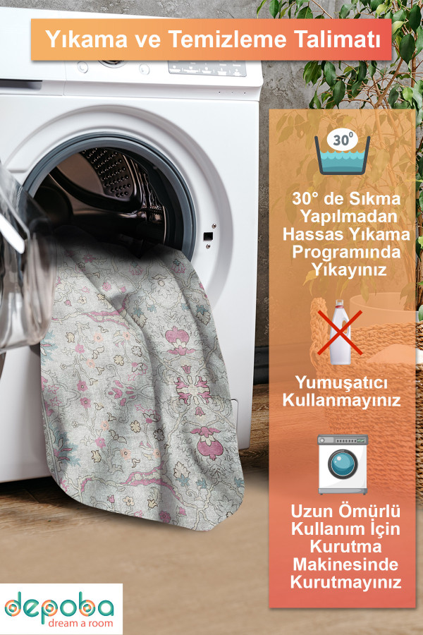 Müvera Vintage Desenli Pamuk Tabanlı Yıkanabilen Kaydırmaz Antibakteriyel Şönil Salon Halısı