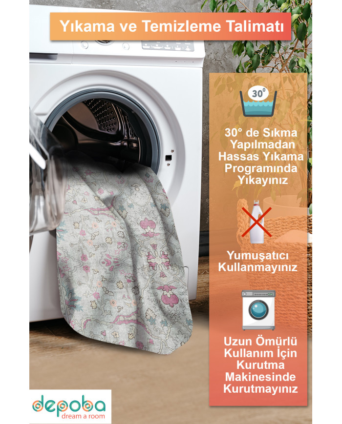 Müvera Vintage Desenli Pamuk Tabanlı Yıkanabilen Kaydırmaz Antibakteriyel Şönil Salon Halısı
