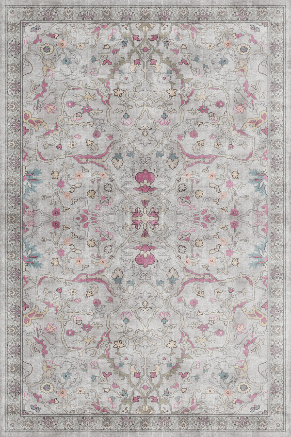 Müvera Vintage Desenli Pamuk Tabanlı Yıkanabilen Kaydırmaz Antibakteriyel Şönil Salon Halısı