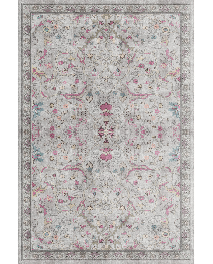 Müvera Vintage Desenli Pamuk Tabanlı Yıkanabilen Kaydırmaz Antibakteriyel Şönil Salon Halısı