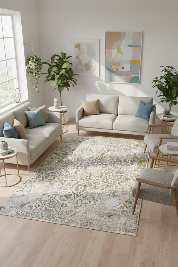 Olden Vintage Desenli Pamuk Tabanlı Yıkanabilen Kaydırmaz Antibakteriyel Şönil Salon Halısı